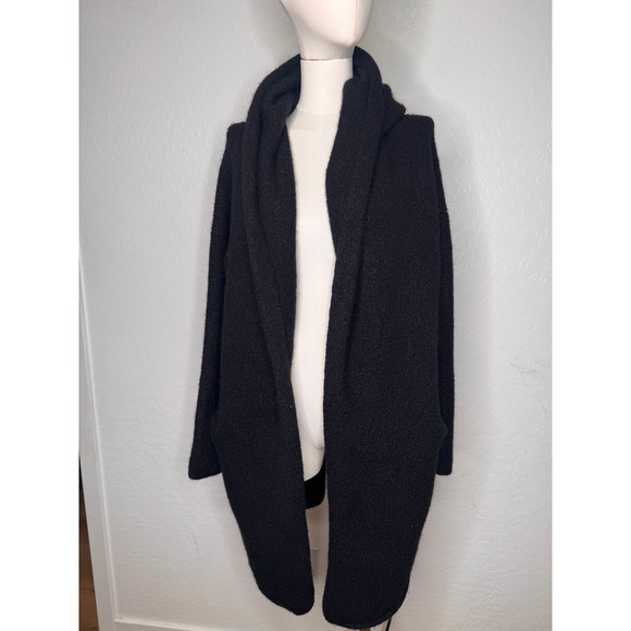 Peruvian Connection Womens Wool Black Thick Long Open Hooded Cardigan Pocket M/L - Picture 1 of 9